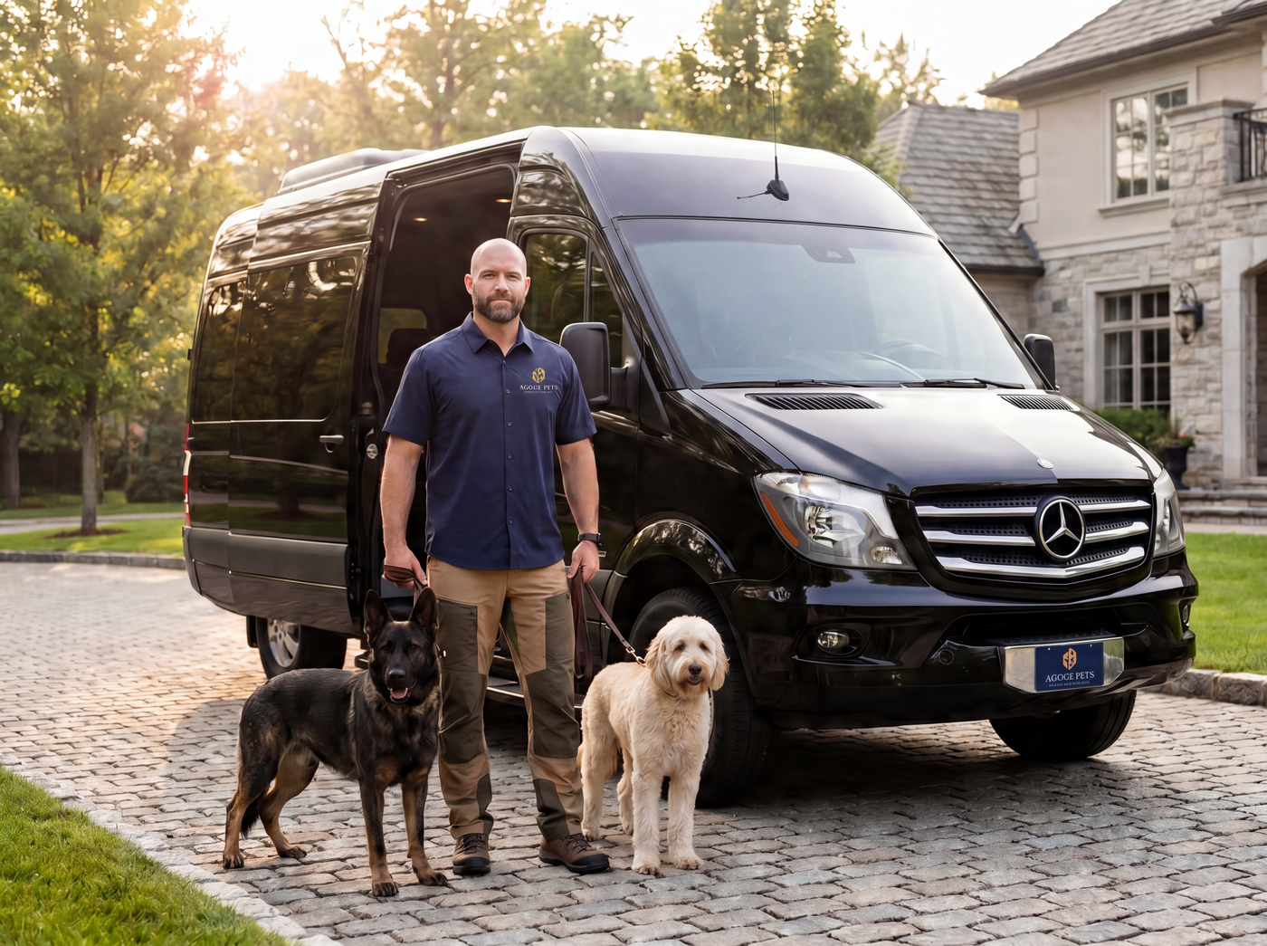 White-glove pickup — Agoge handler with two dogs and the Mercedes Sprinter
